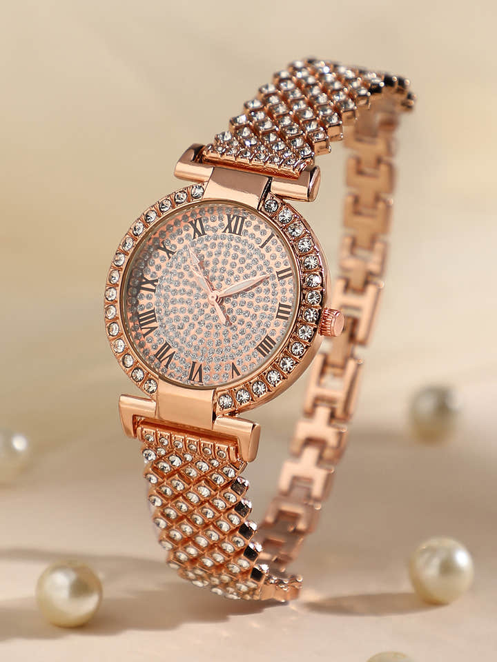 Embellished Round Watch - Rose Gold