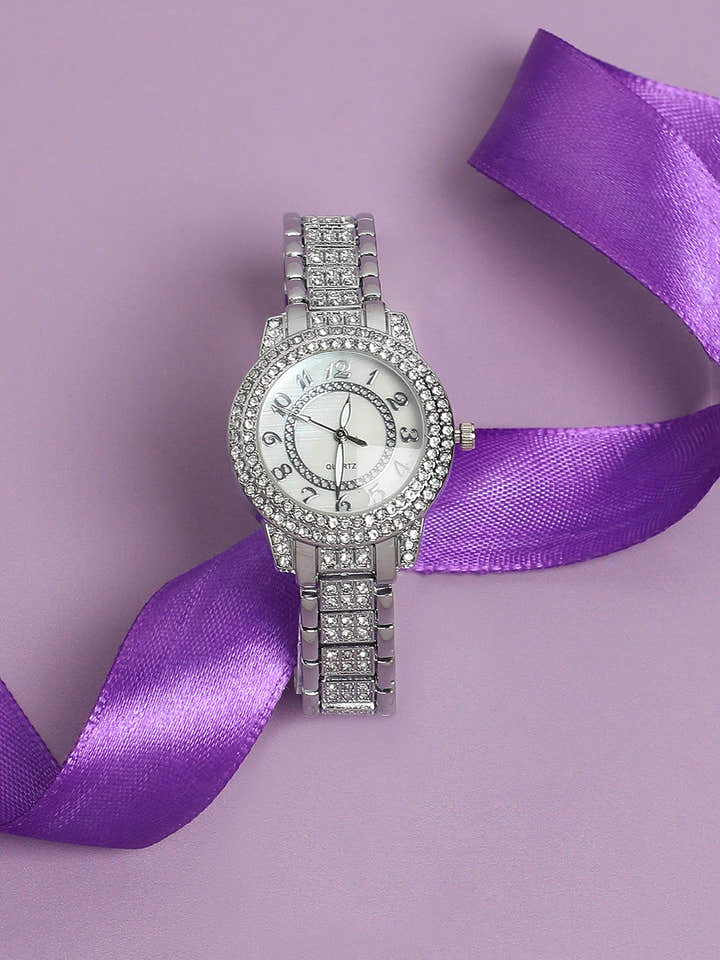 Embellished Round Watch - Silver