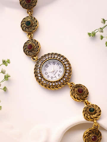 The Stone Swirl Round Watch - Antique Gold