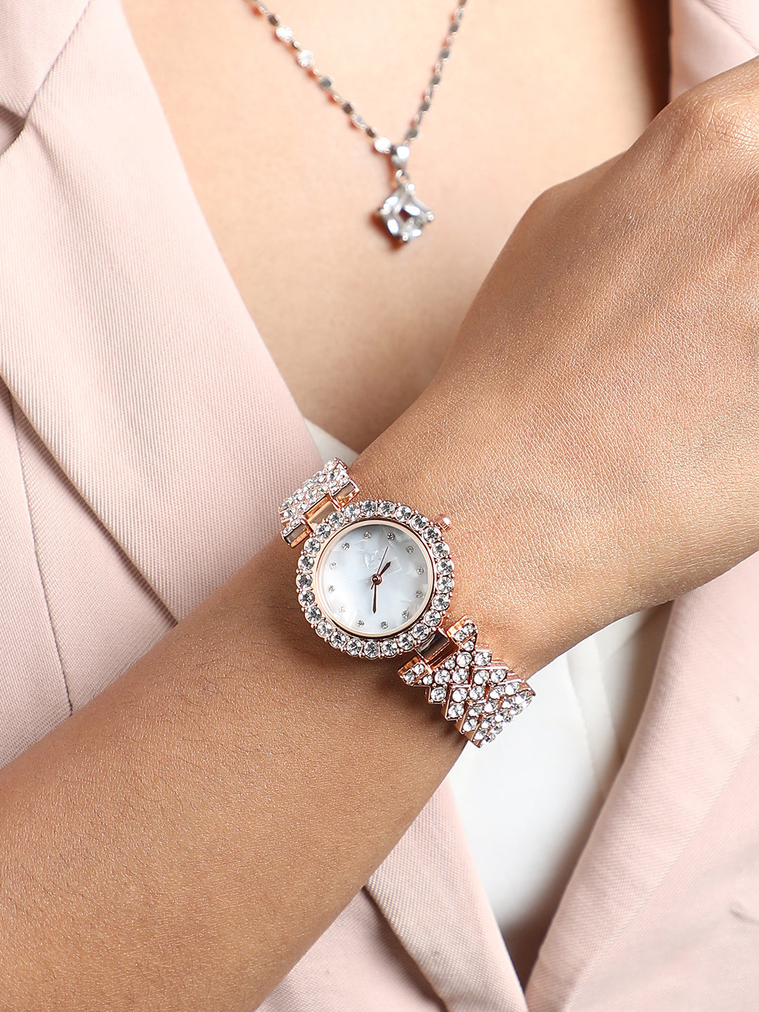 Embellished Round Watch - Rose Gold