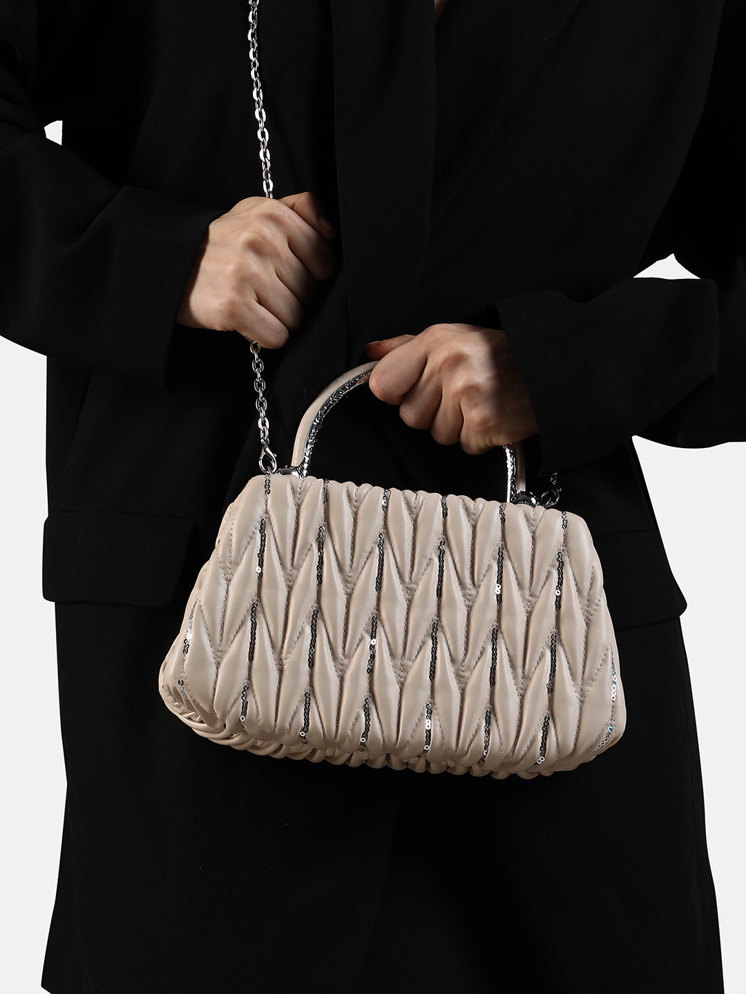 The Quilted Sequin Handbag - Beige