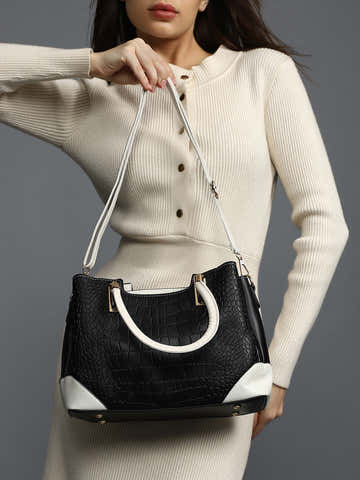 Black Colourblocked Vegan Leather Handbag