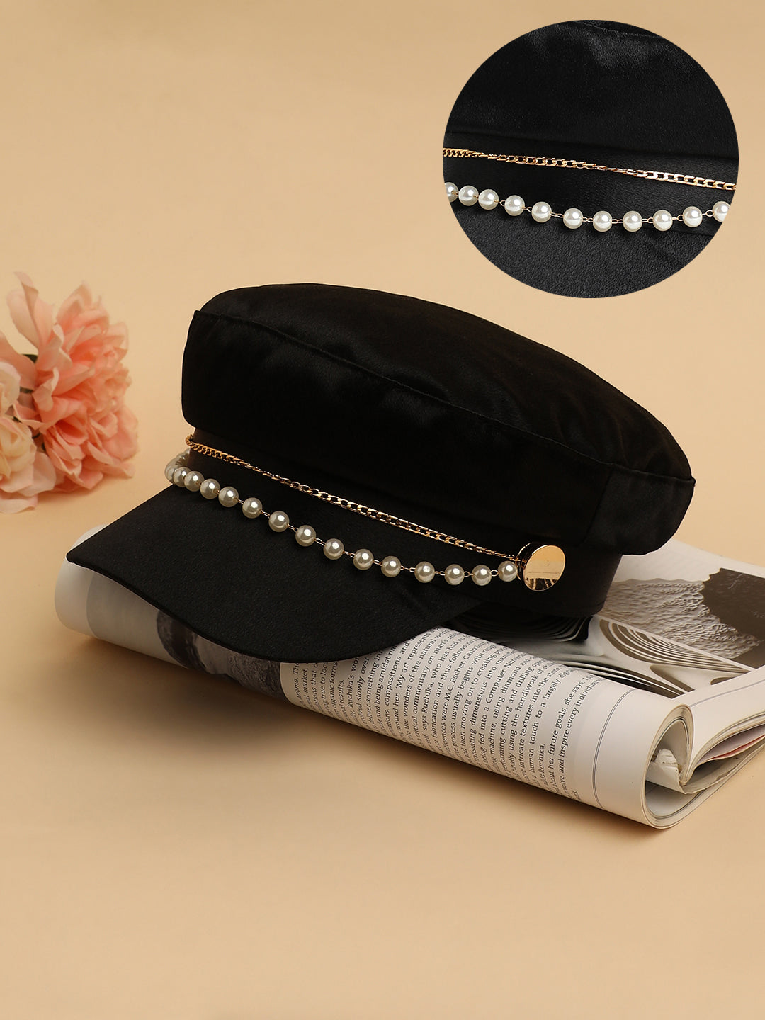 Chain-Lined Satin Bakerboy Cap - Midnight Black