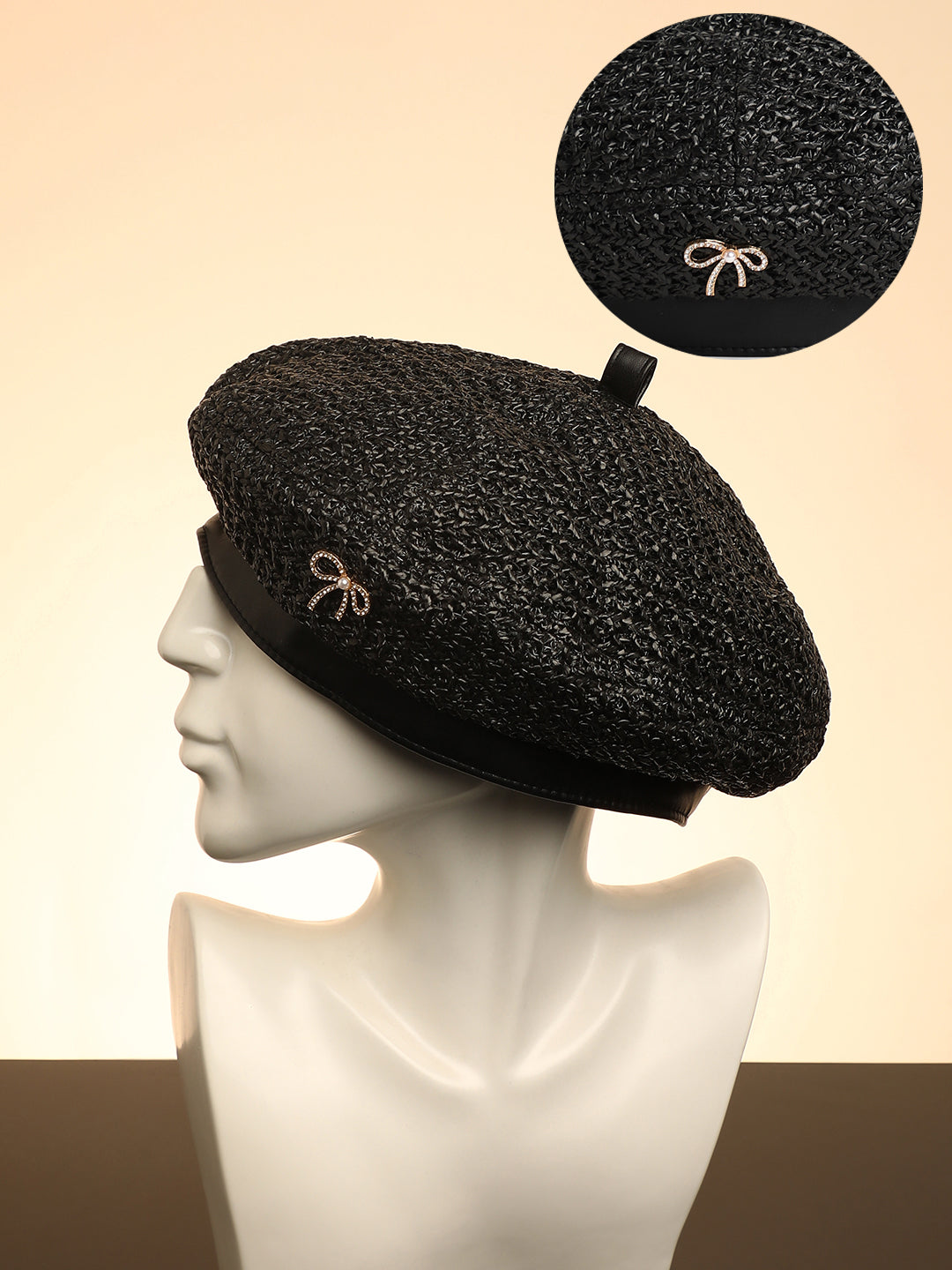 Bow Woven Beret Hat Midnight Black