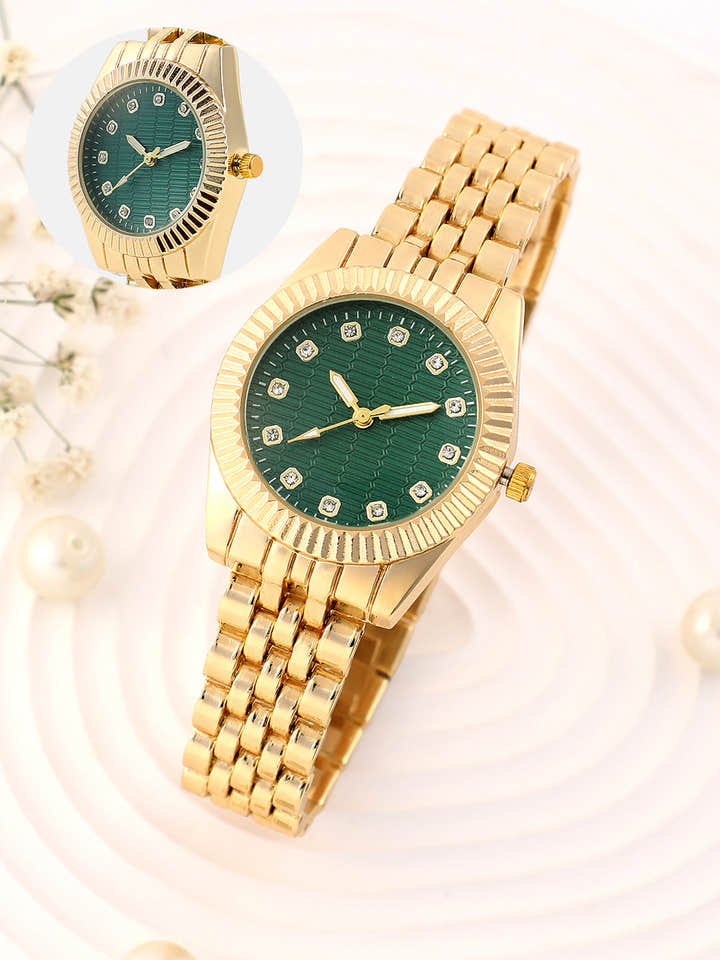 The Ribbed H-Link Round Watch - Emerald Green