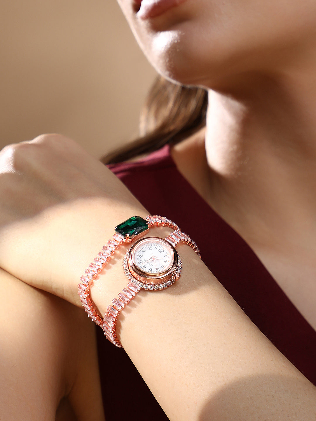 The Crystalized Wrap Round Watch - Rose Gold (Emerald Green Stone)
