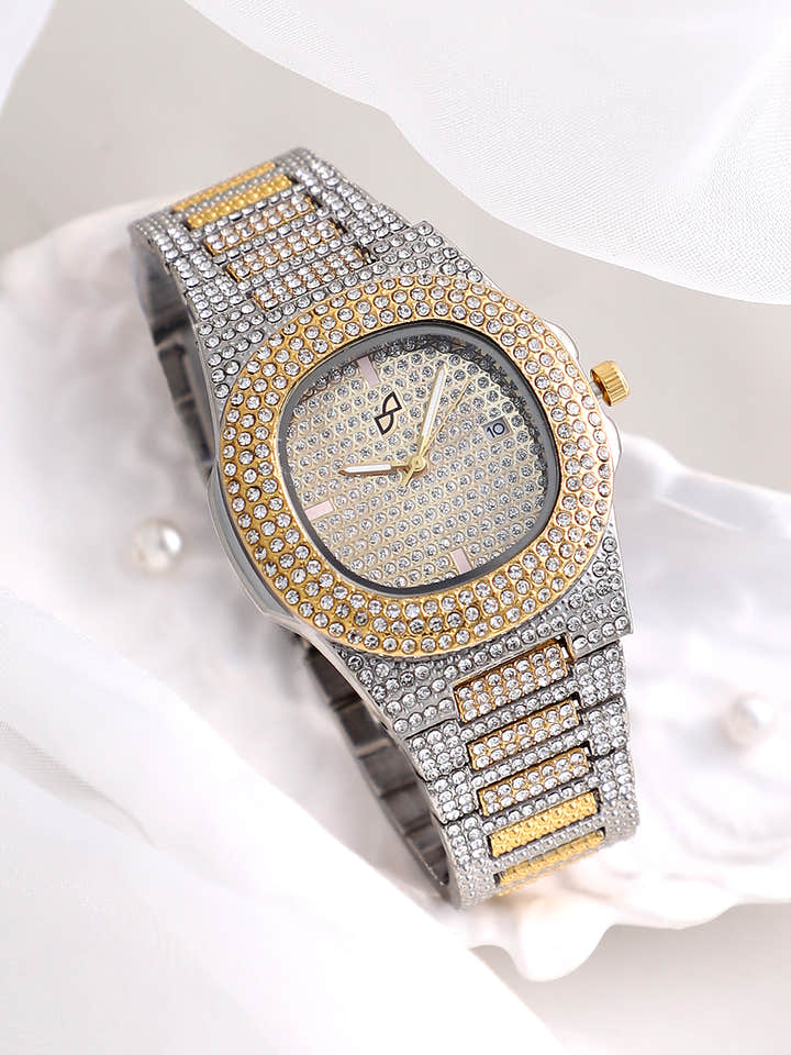 Haute Sauce HSWC1093 Aura Gold Watch for Women with Stone-Studded Round Dial and Bracelet Strap