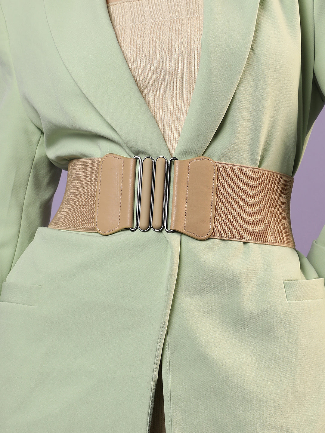 Beige Textured Stretch Waist Belt