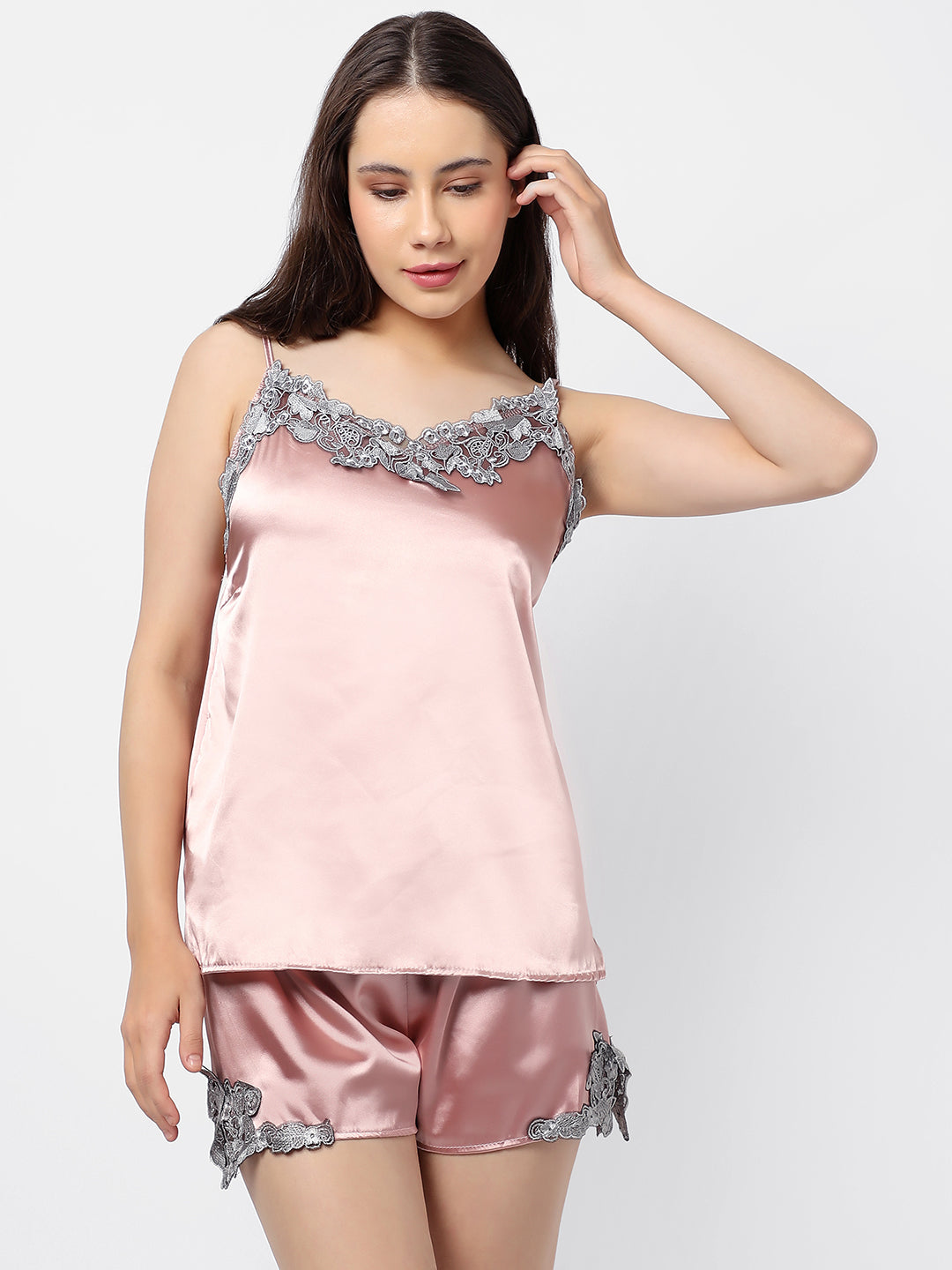 Solid Top & Short Satin Night Wear Set