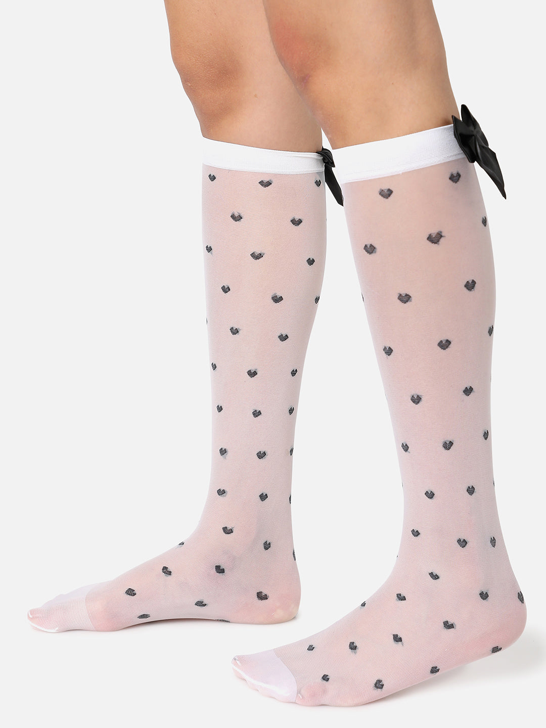 White Knee High Stockings With Bow