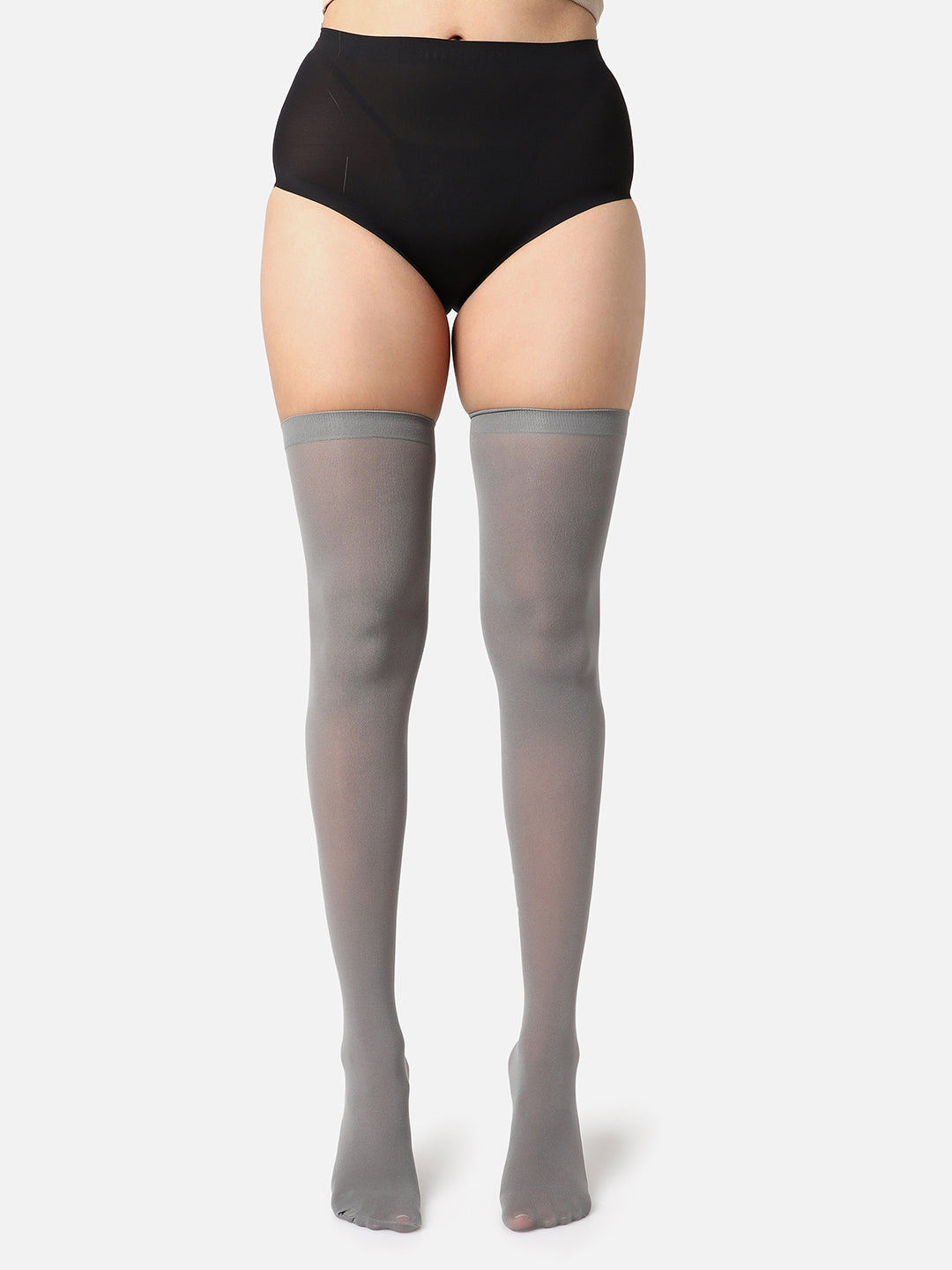 Grey Solid Thigh High Stockings