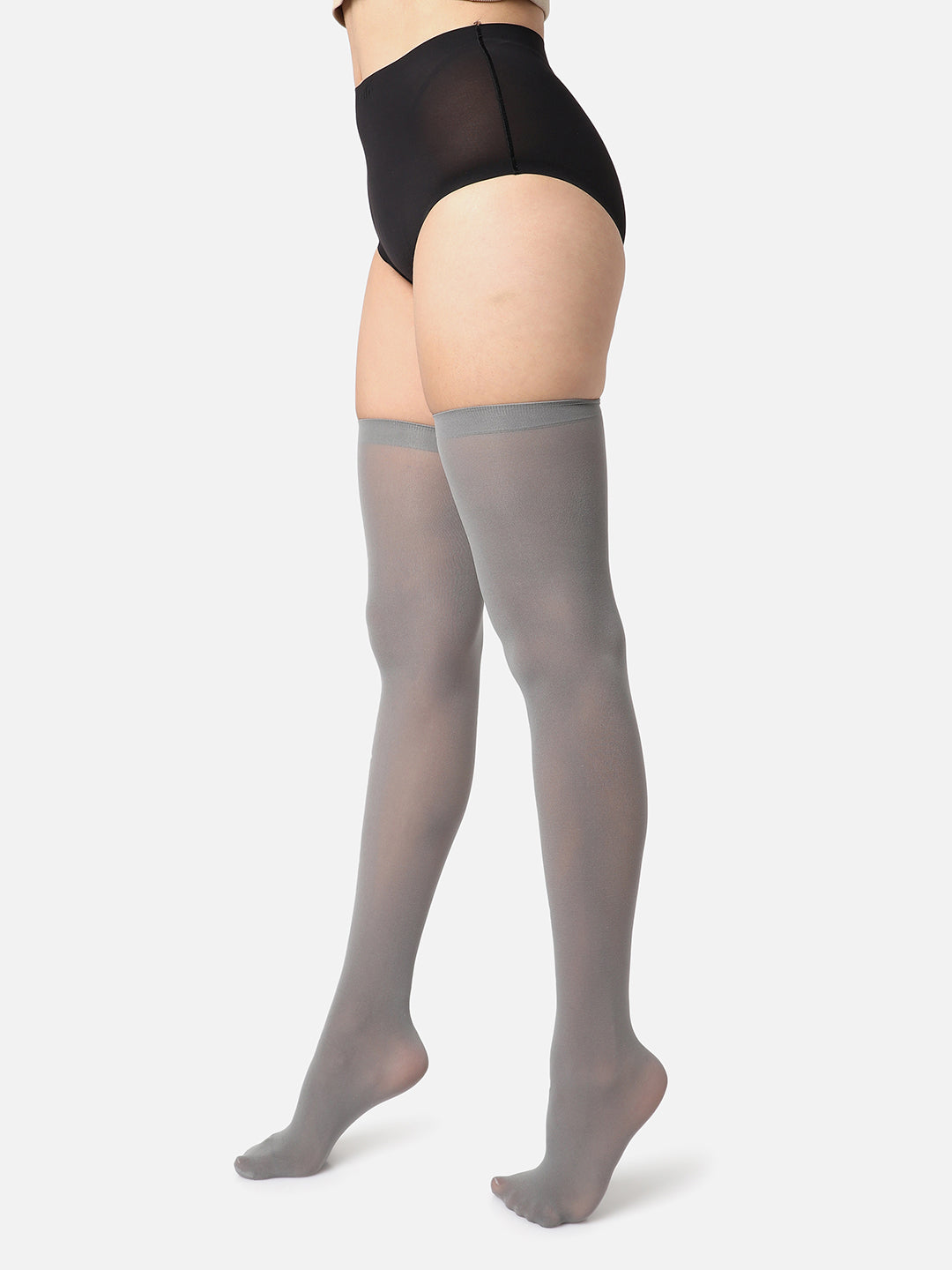 Grey Solid Thigh High Stockings