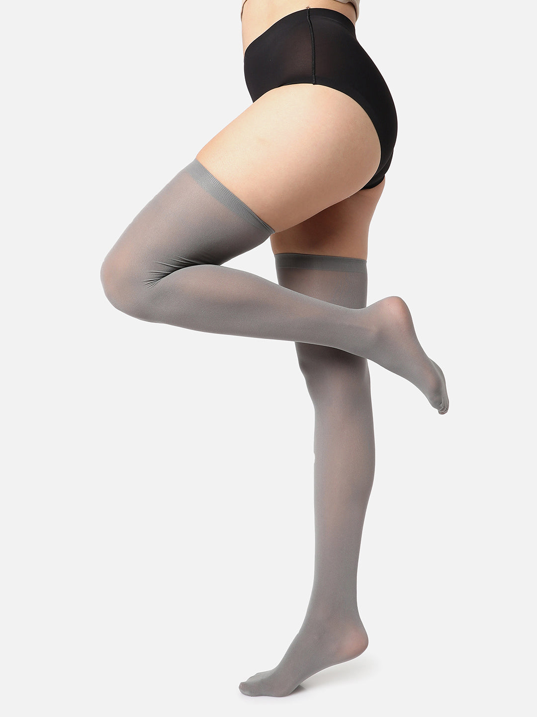 Grey Solid Thigh High Stockings
