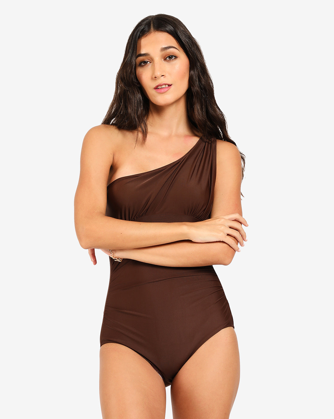 Brown Solid One Shoulder Swimsuit