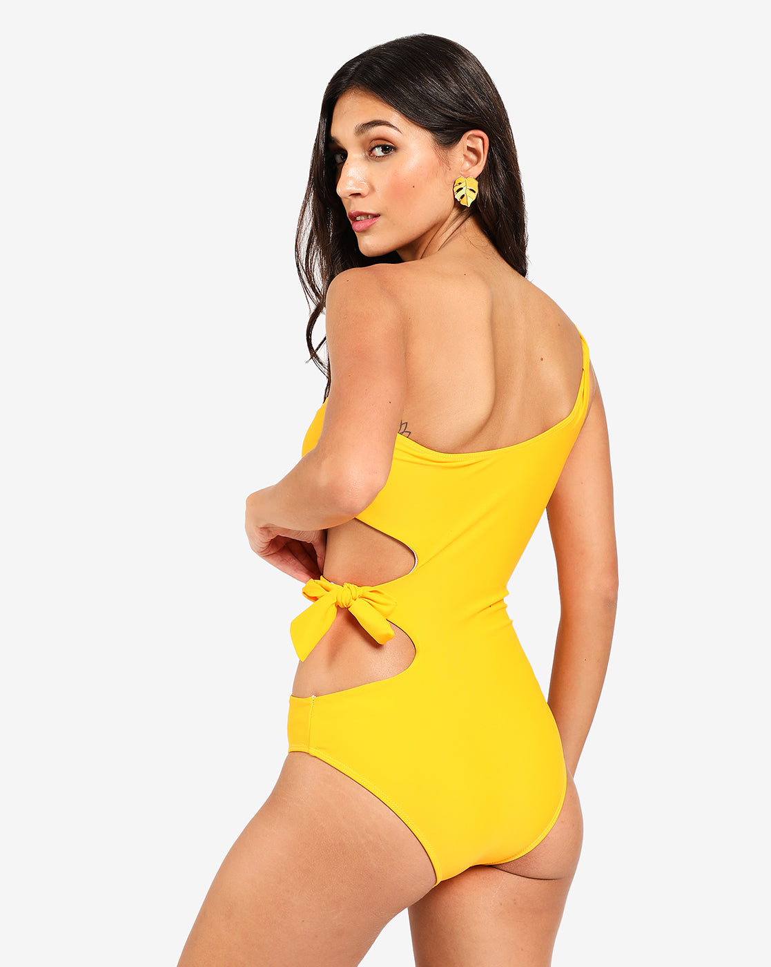 Yellow Solid Tie-Up One Shoulder Swimsuit