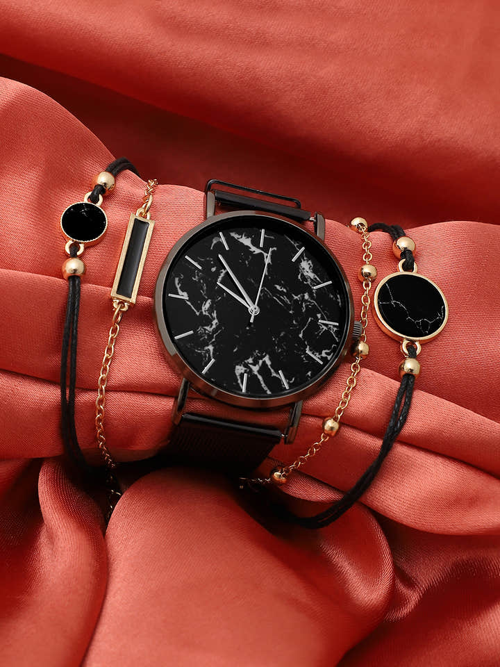 Black Marble Analog Round Dial With Black Leather Strap Watch & Bracelets