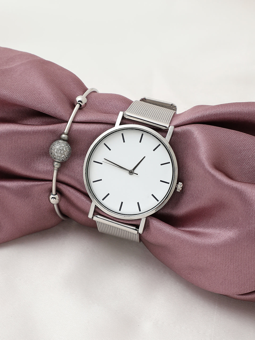 White Analog Round Dial With Silver Metal Mesh Strap Watch & Bracelet