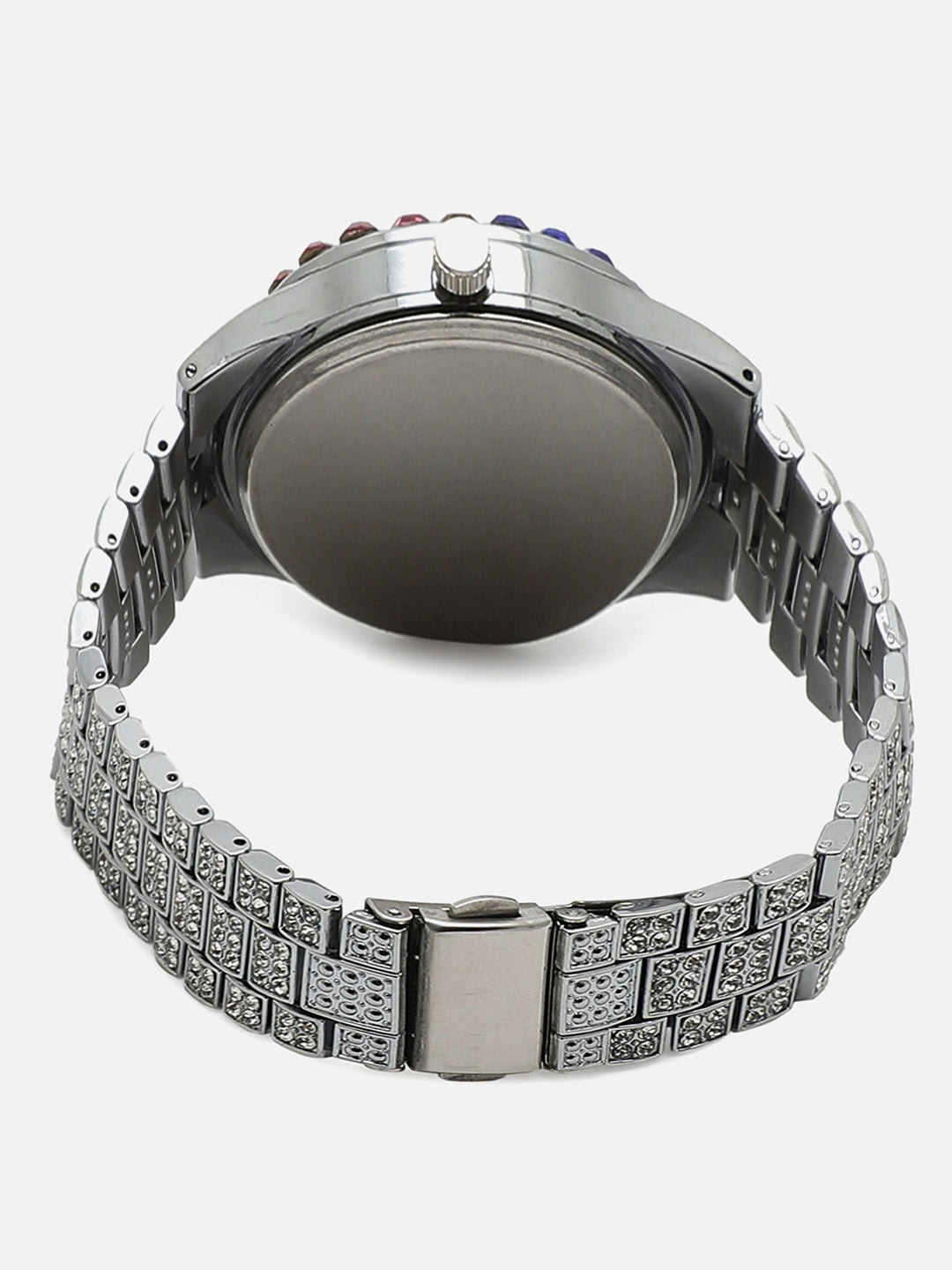 White Embellished Analog Round Dial With Crystal Stones Silver Metal Strap Watch & Bracelet