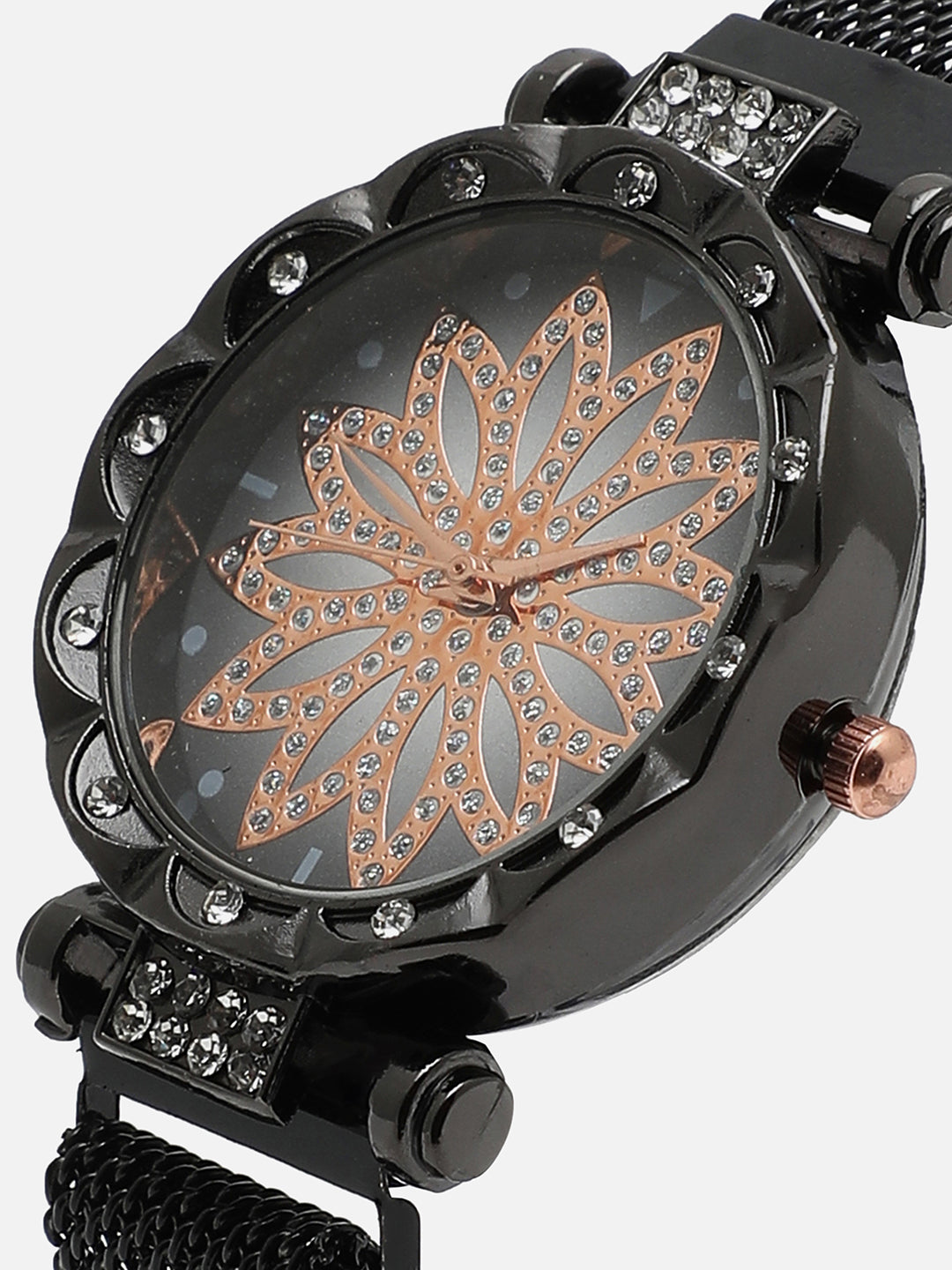 Black Embellished Decorative Analog Round Dial With Black Metal Mesh Strap Watch & Bracelet