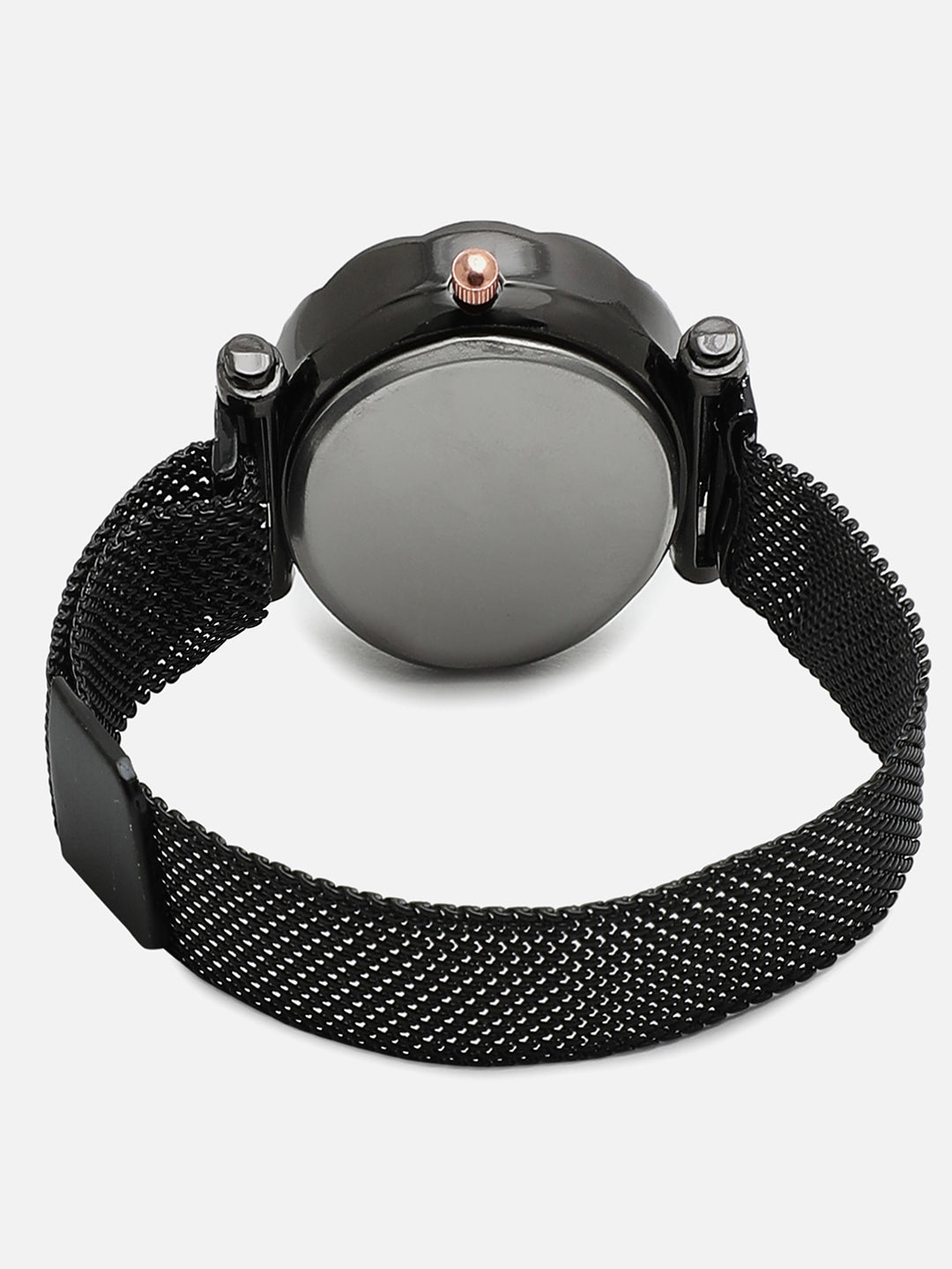 Black Embellished Decorative Analog Round Dial With Black Metal Mesh Strap Watch & Bracelet