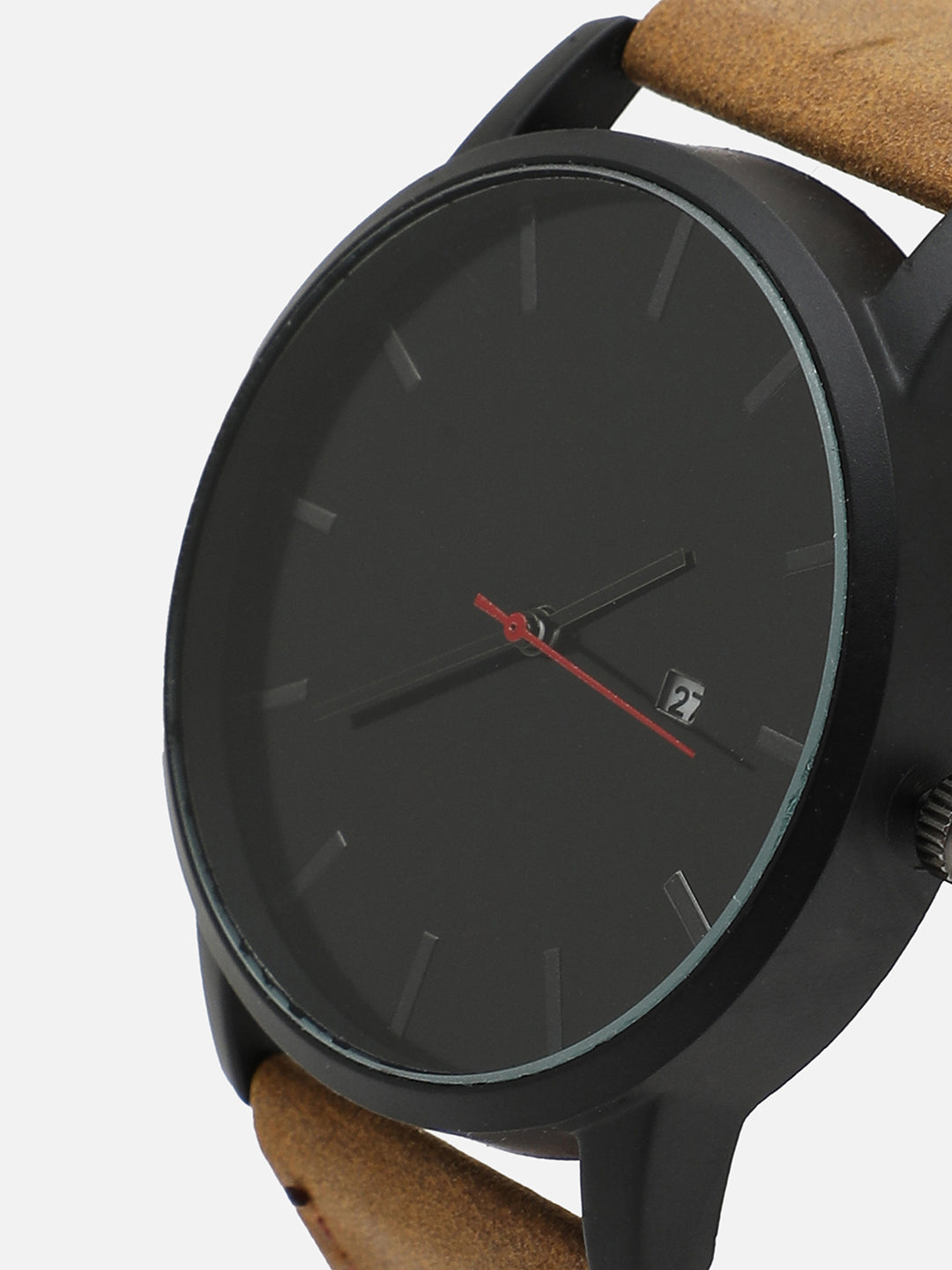Black Analog Round Dial With Brown Suede Strap Watch & Bracelet