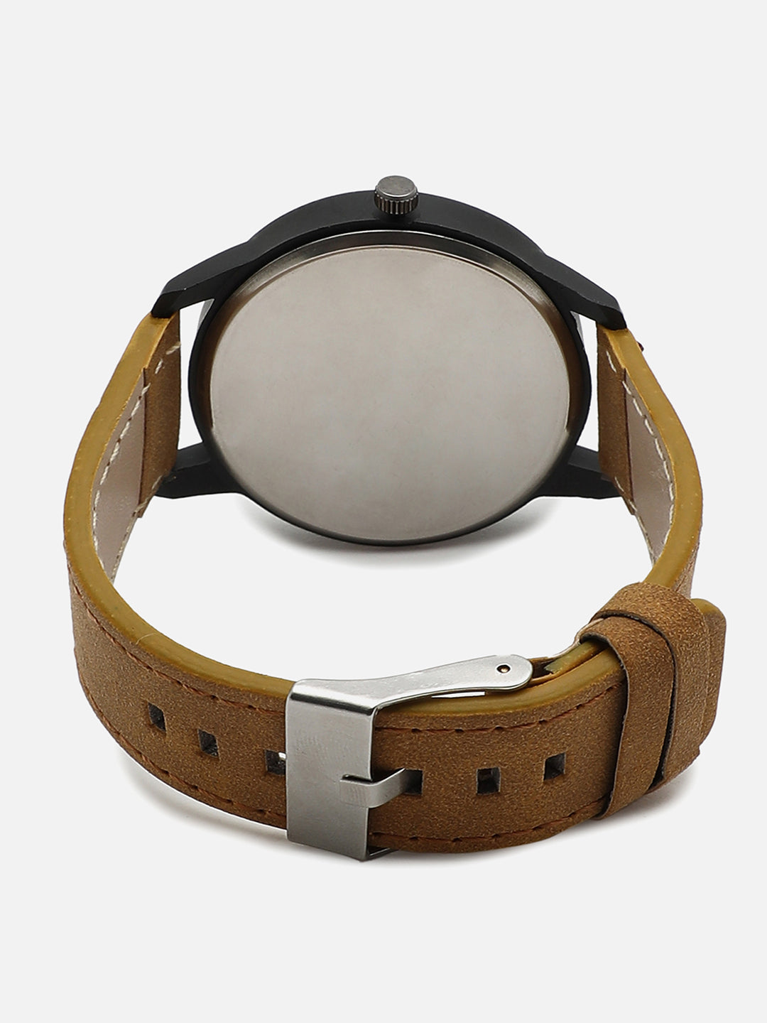 Black Analog Round Dial With Brown Suede Strap Watch & Bracelet