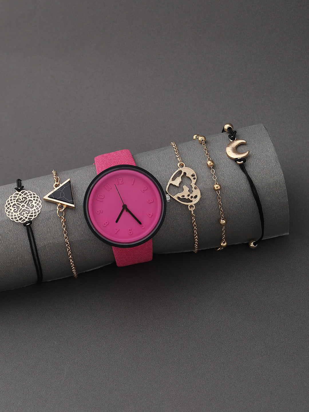 Pink Analog Round Dial With Pink Canvas Strap Watch & Bracelets