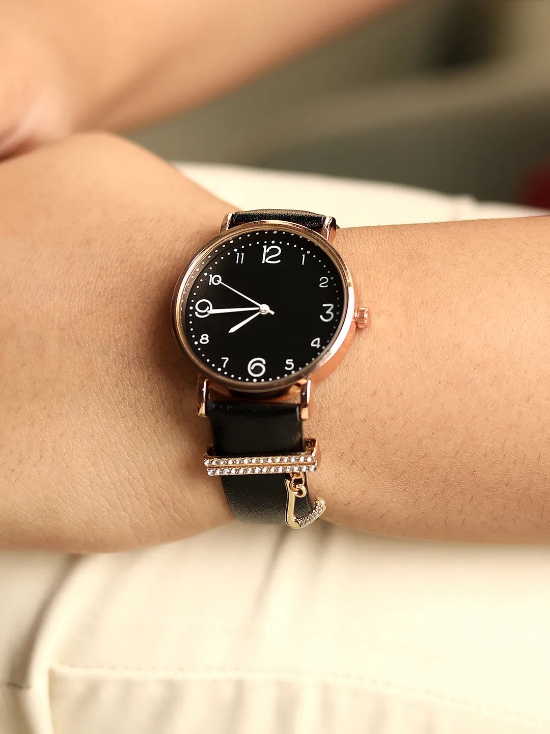 Round Analog Watch With V Liberty Initial Watch Charm - Black