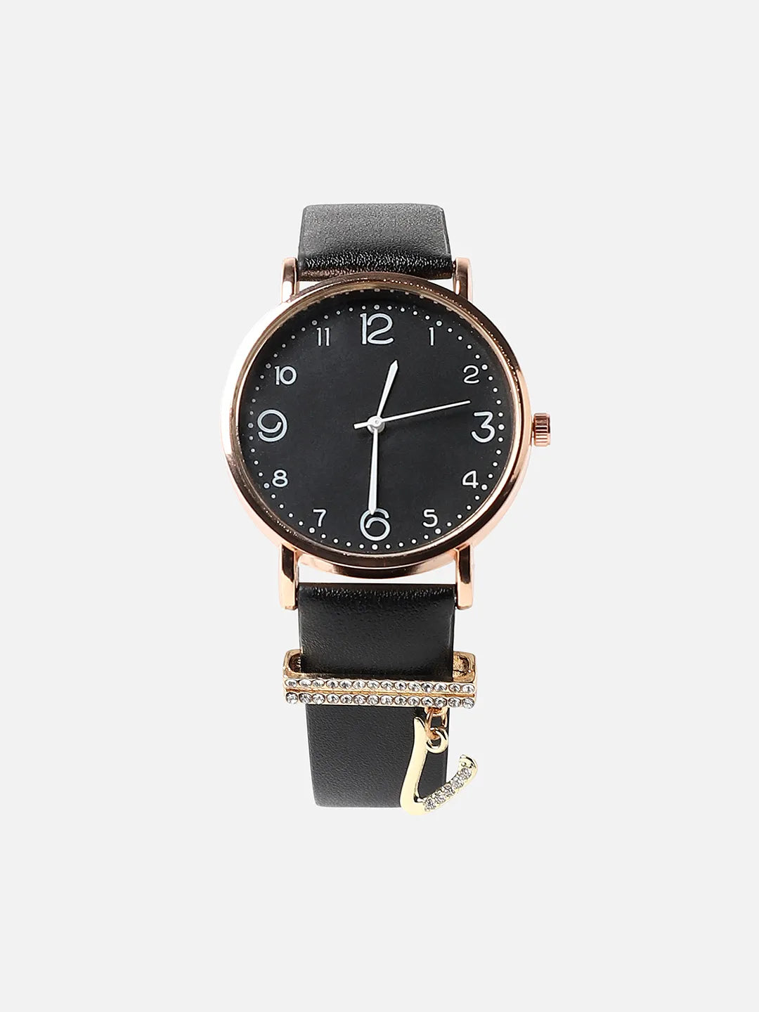Round Analog Watch With V Liberty Initial Watch Charm - Black