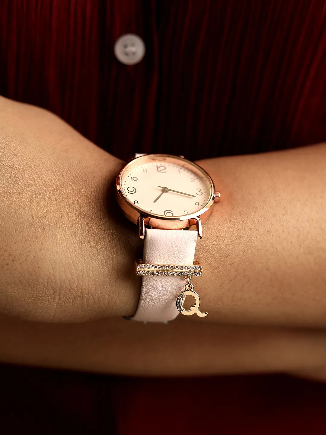 Round Analog Watch With Q Liberty Initial Watch Charm - Dusty Pink