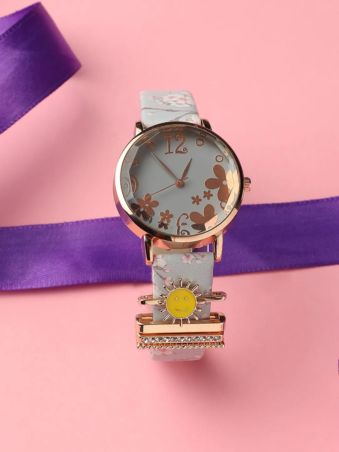 Round Analog Watch With Sun Watch Charm - Grey