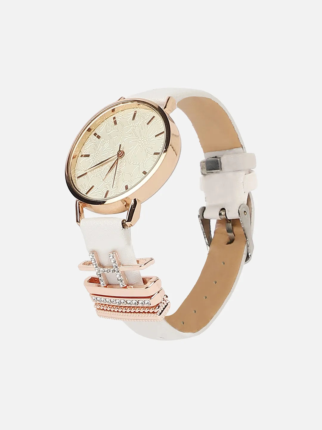 Round Analog Watch With H Initial Watch Charm - White