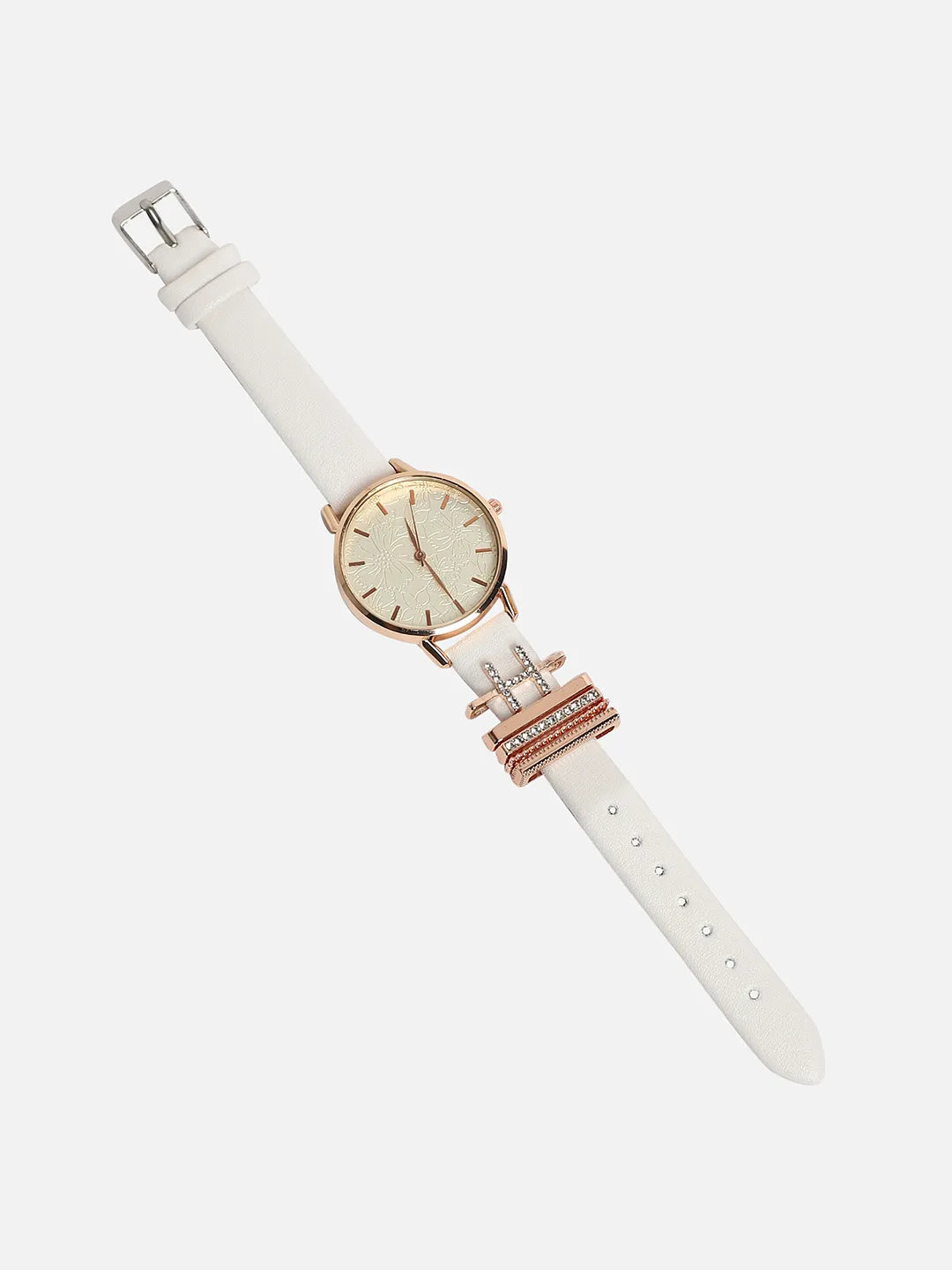 Round Analog Watch With H Initial Watch Charm - White