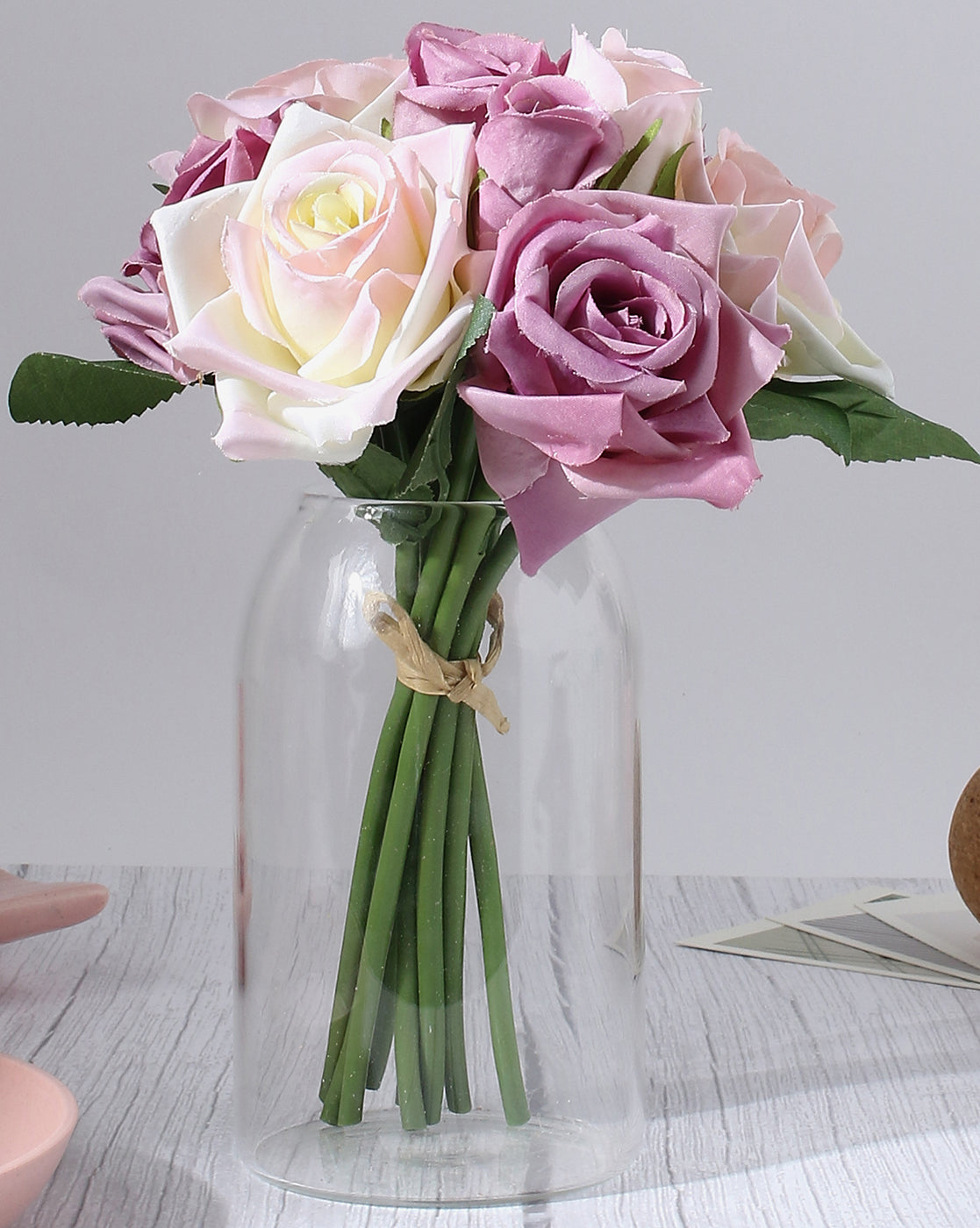 Pink Faux Rose Decorative Flower Bouquet | Pack Of 9