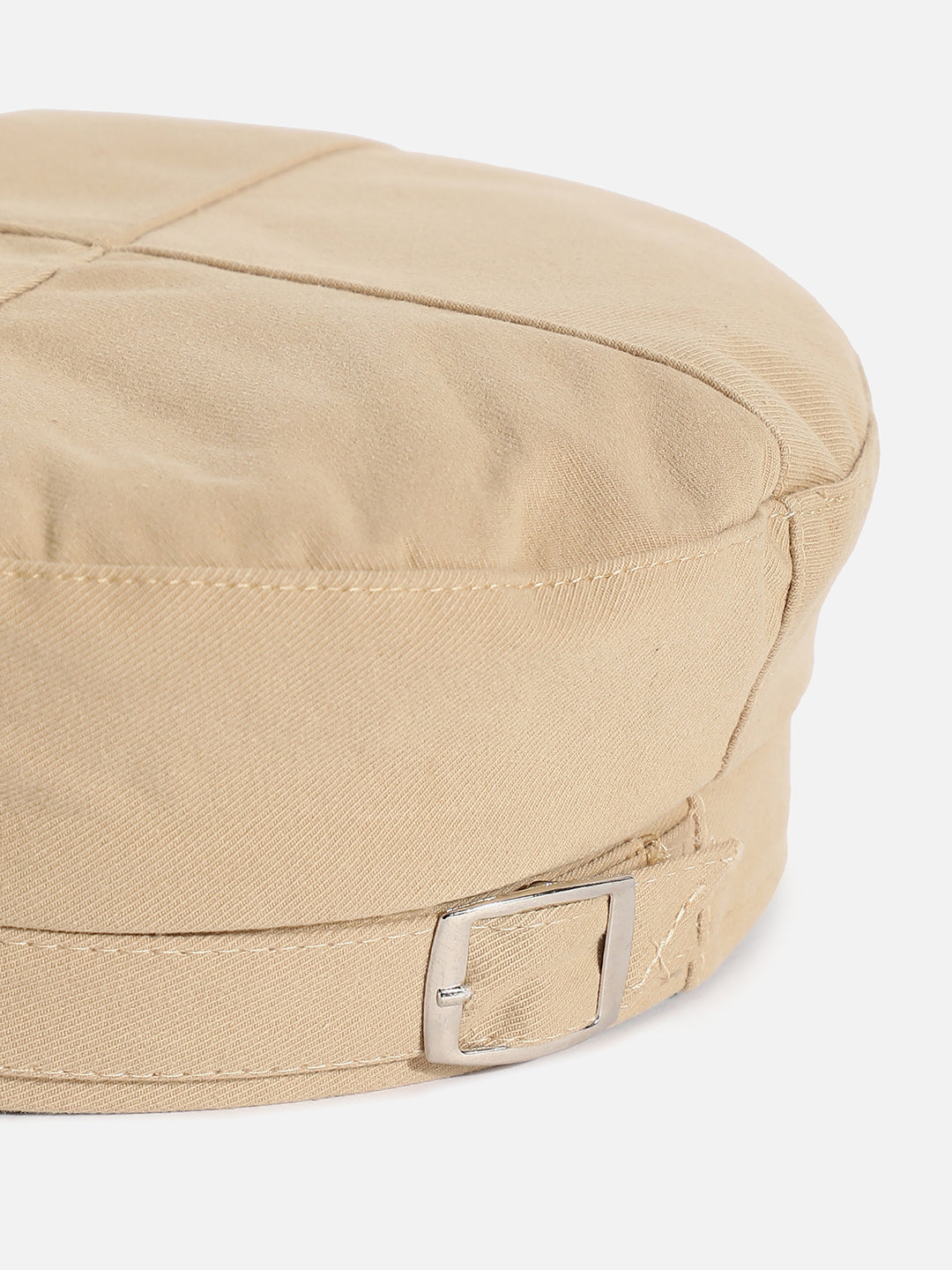 Beige Solid Beret Hat With Buckle Detail