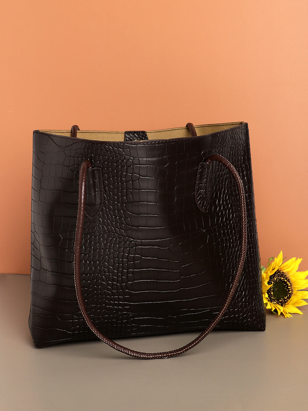 Black Textured Vegan Leather Tote Bag Set