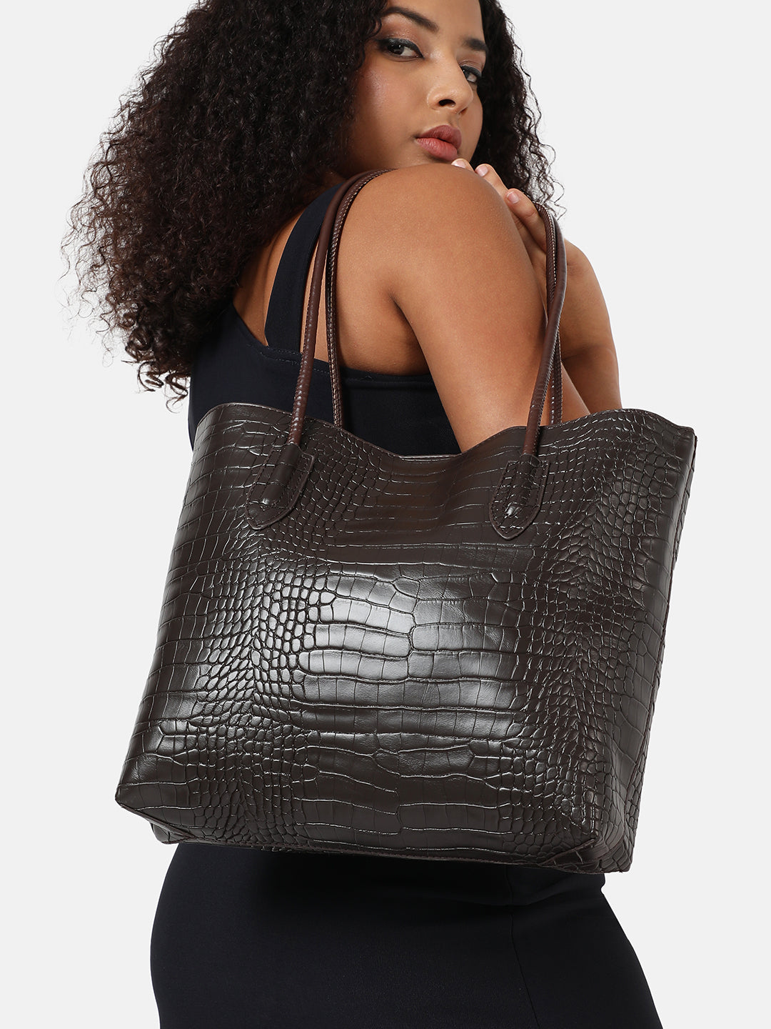 Black Textured Vegan Leather Tote Bag Set