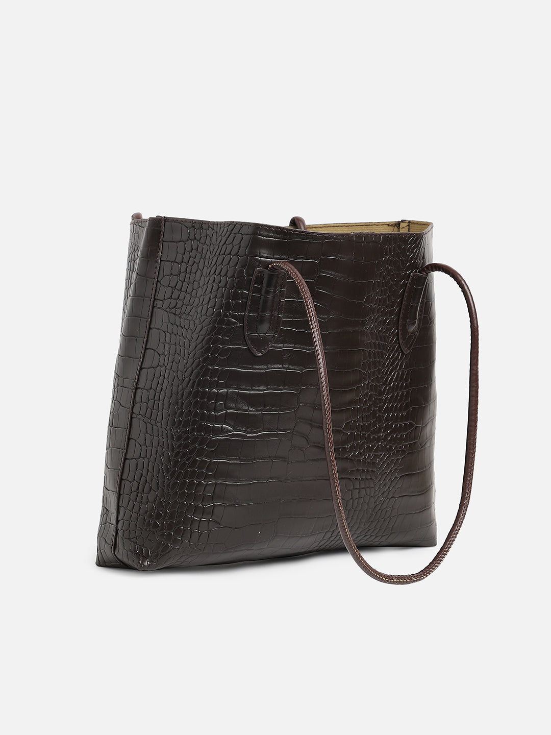 Black Textured Vegan Leather Tote Bag With Pouch Set