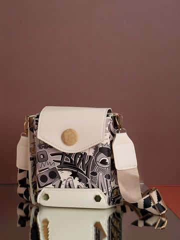 White Printed Vegan Leather Sling Bag