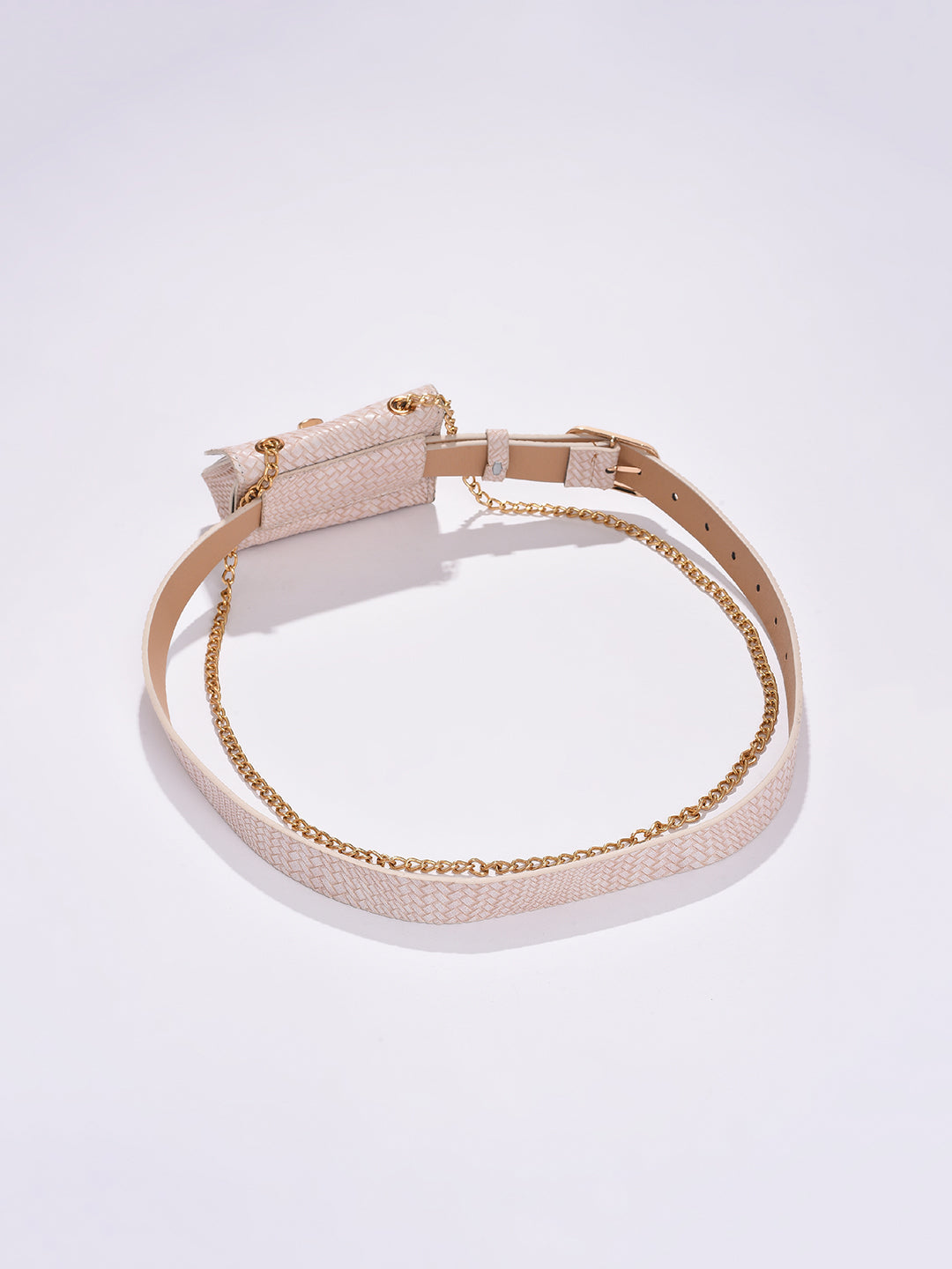 TEXTURED CREAM BELT WITH DETACHABLE POUCH BAG AND GOLDEN CHAIN
