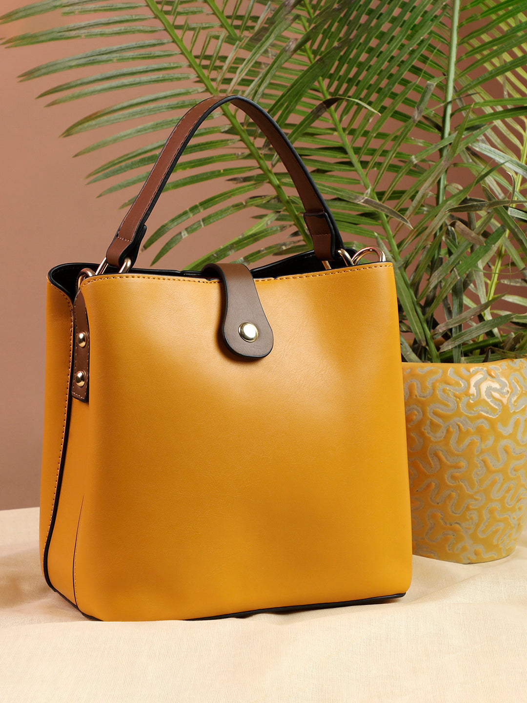 Haute Sauce Yellow Pu Structured Handheld Bag With Applique