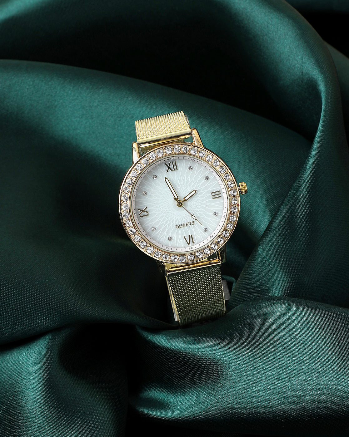 White & Gold Analog Round Dial With Crystal Stones & Gold Metal Strap