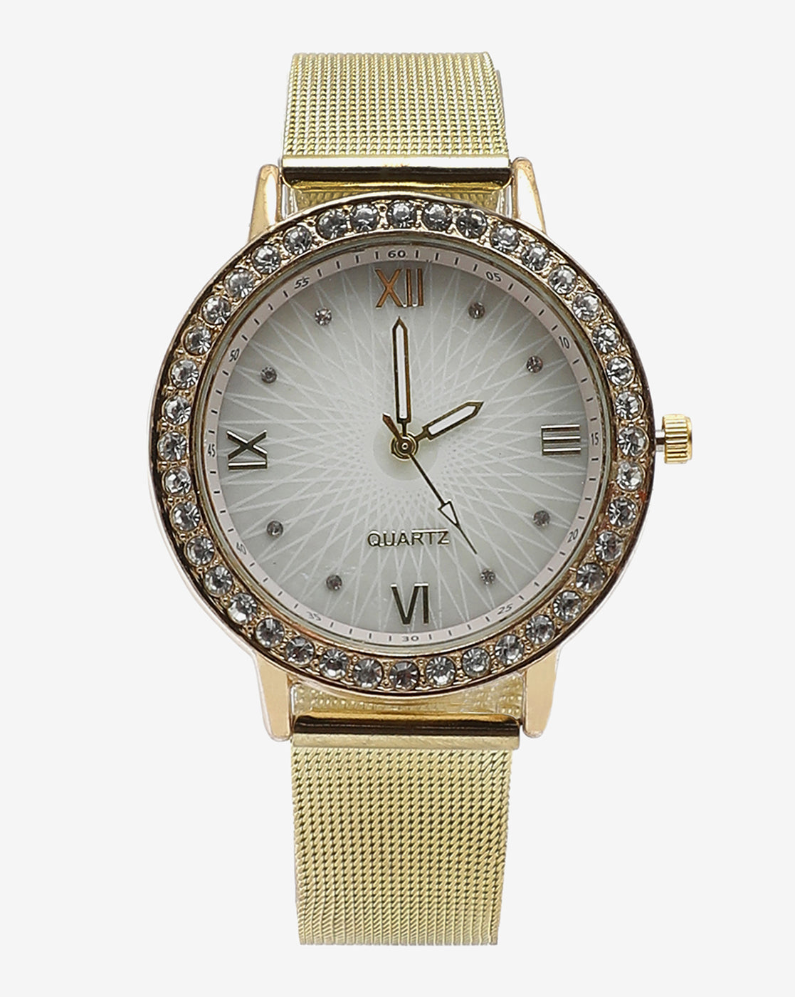 White & Gold Analog Round Dial With Crystal Stones & Gold Metal Strap