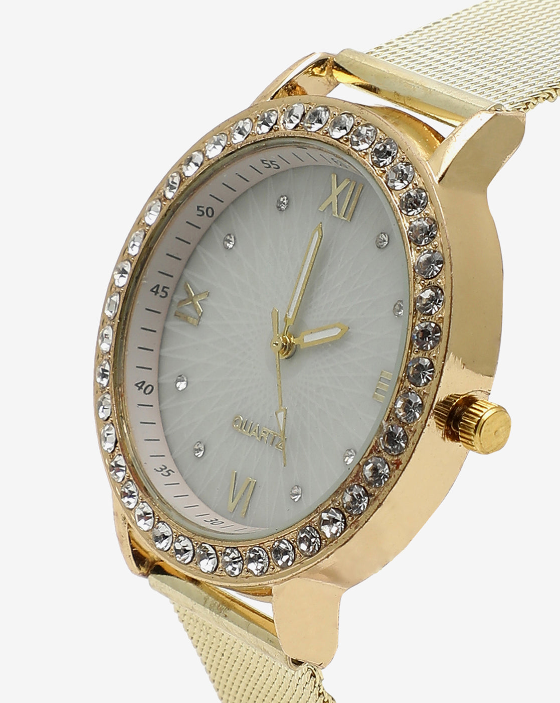 White & Gold Analog Round Dial With Crystal Stones & Gold Metal Strap