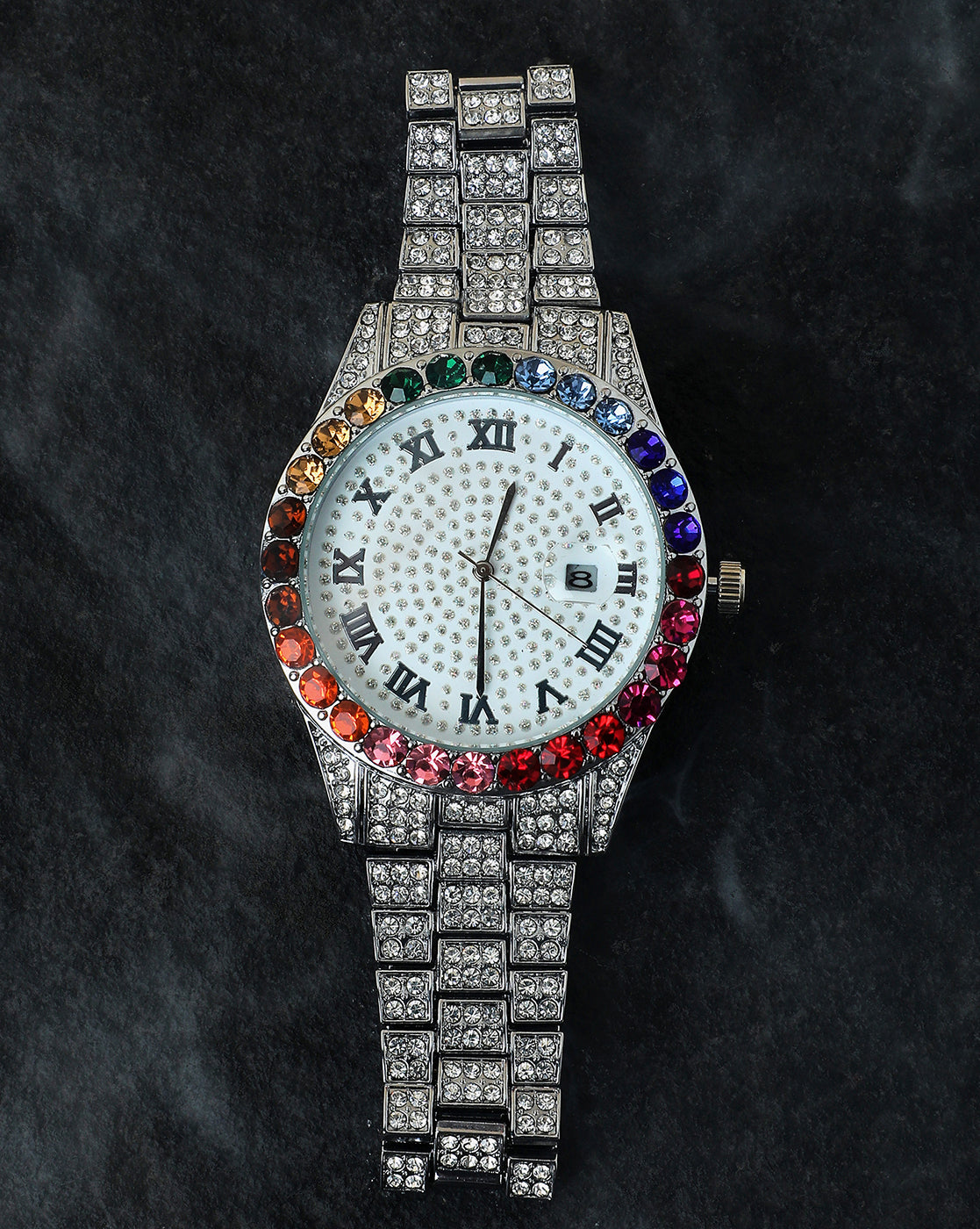 White & Colourful Stones Analog Round Dial With Crystal Stones Silver Metal Strap