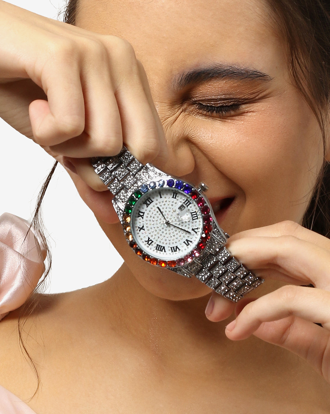 White & Colourful Stones Analog Round Dial With Crystal Stones Silver Metal Strap