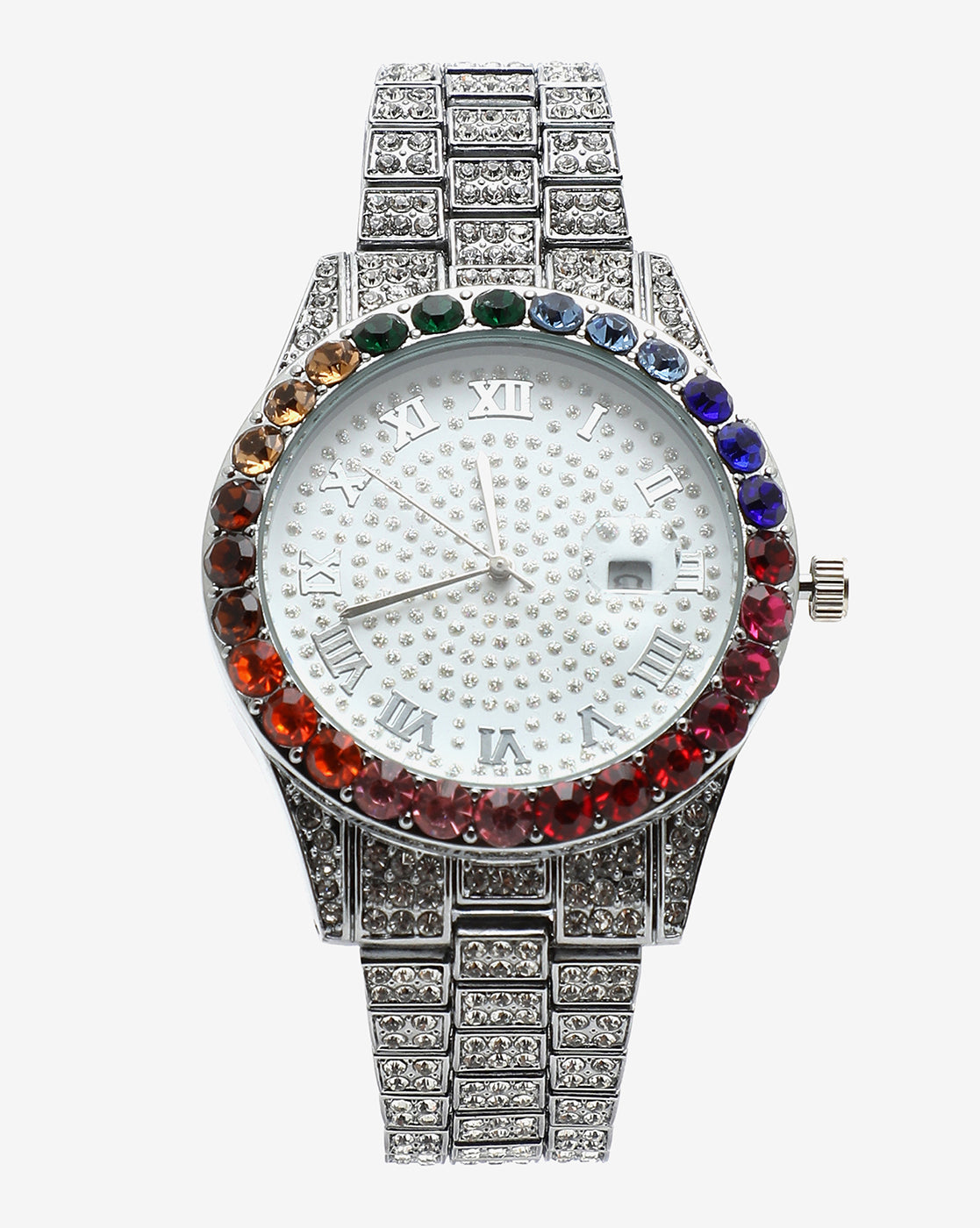 White & Colourful Stones Analog Round Dial With Crystal Stones Silver Metal Strap