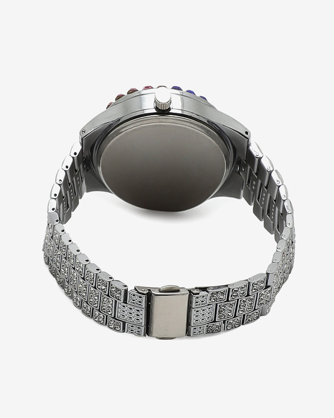 White & Colourful Stones Analog Round Dial With Crystal Stones Silver Metal Strap