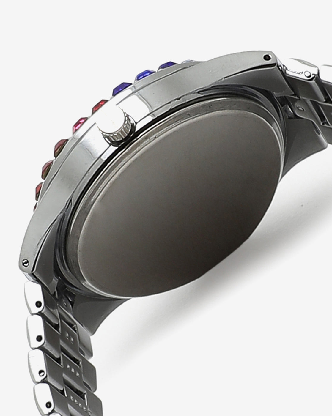 WHITE AND COLOURFUL STONES ANALOG ROUND DIAL WITH CRYSTAL STONES SILVER METAL STRAP