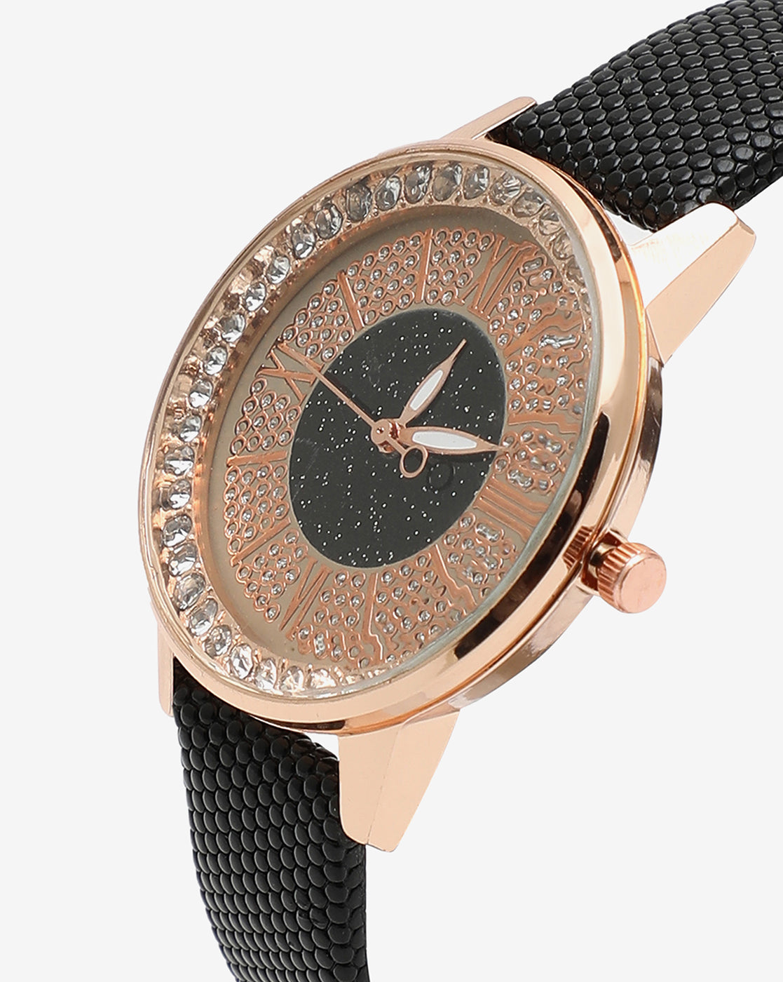 Rose Gold & Black Crystal Stone Analog Round Dial With Black Textured Leather Strap